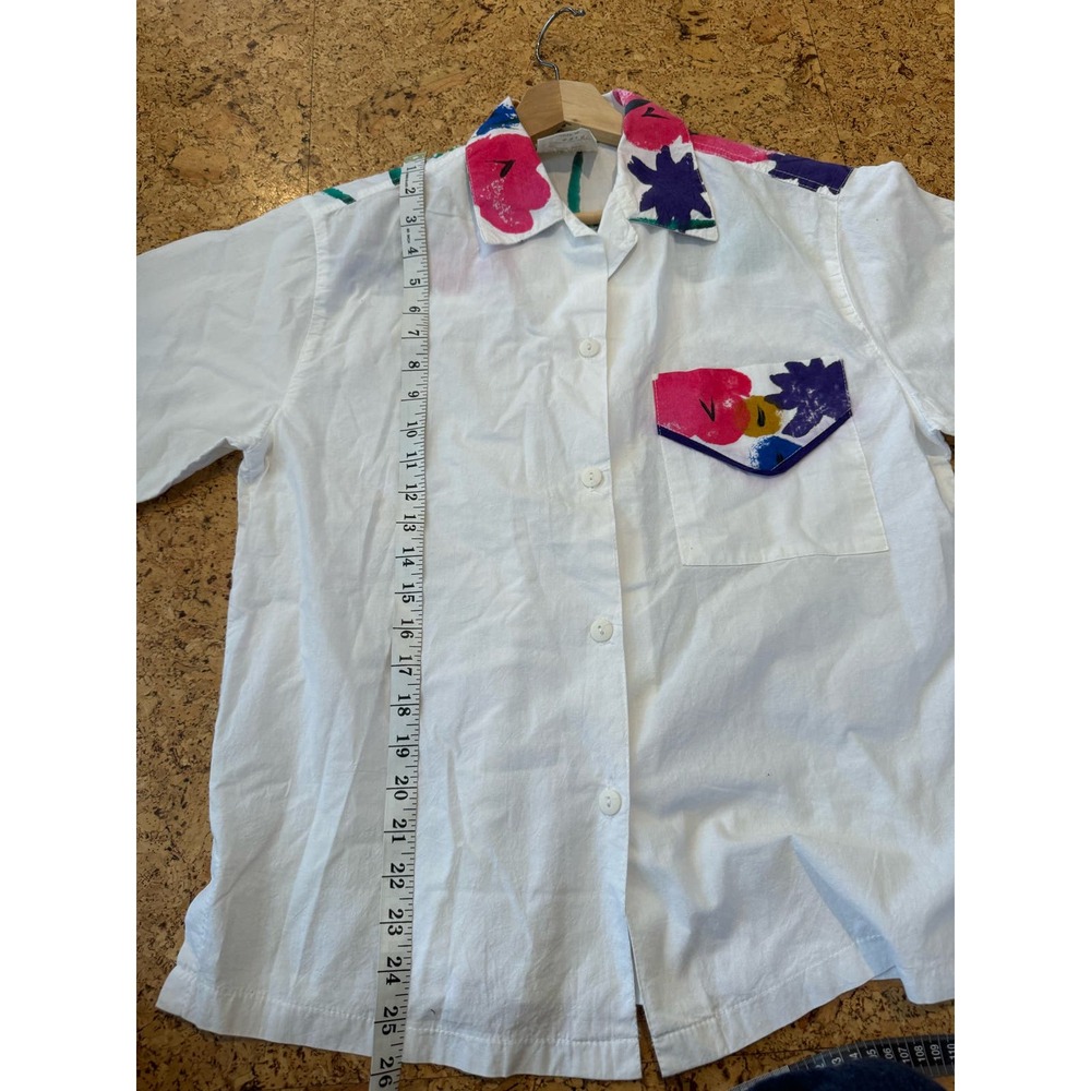 Play Alegre VINTAGE 90s Handpainted 100% cotton button down short sleeve shirt S - Picture 8 of 10